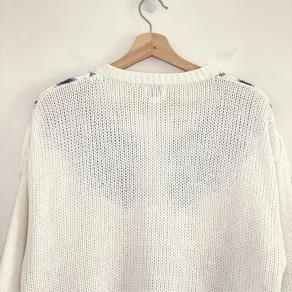 Vintage Nordic Fair Isle Fringe Yoke Cardigan Cable Knit Sweater 80s 90s Medium